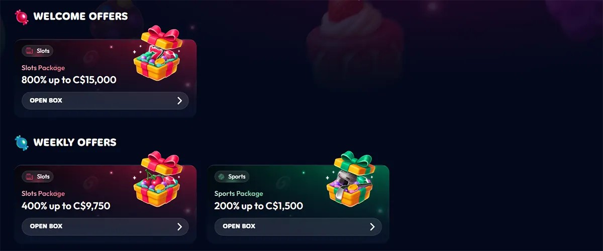 Casino promotions page showing welcome and weekly offers with colorful gift-box bonus cards for slots and sports packages on a dark blue background.