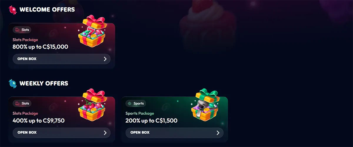 Casino promotions page showing welcome and weekly offers with colorful gift-box bonus cards for slots and sports packages on a dark blue background.