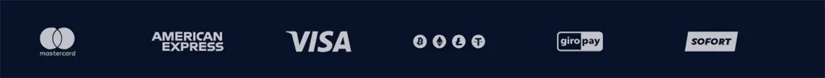 Payment methods banner displaying Mastercard, American Express, Visa, several cryptocurrency icons, giropay, and Sofort logos on a dark blue background.