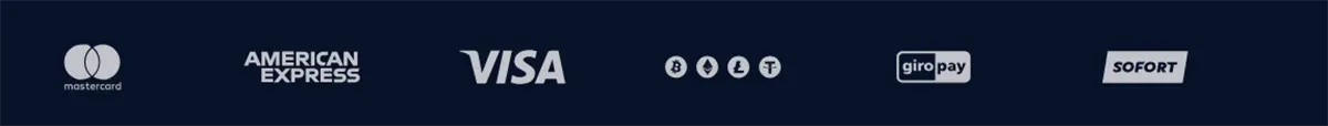 Payment methods banner displaying Mastercard, American Express, Visa, several cryptocurrency icons, giropay, and Sofort logos on a dark blue background.