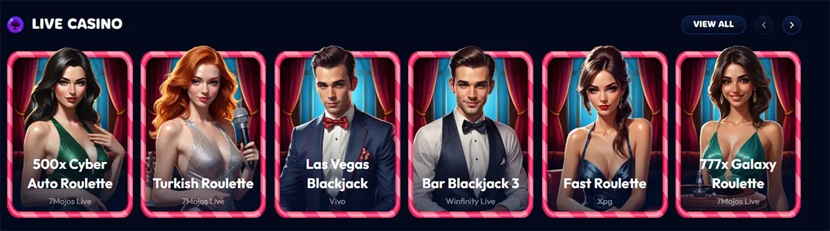 Live casino game lobby featuring dealer thumbnails for roulette and blackjack titles, displayed in pink-framed cards on a dark blue casino interface.