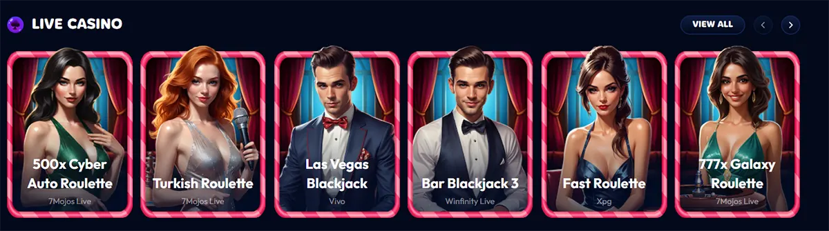 Live casino game lobby featuring dealer thumbnails for roulette and blackjack titles, displayed in pink-framed cards on a dark blue casino interface.