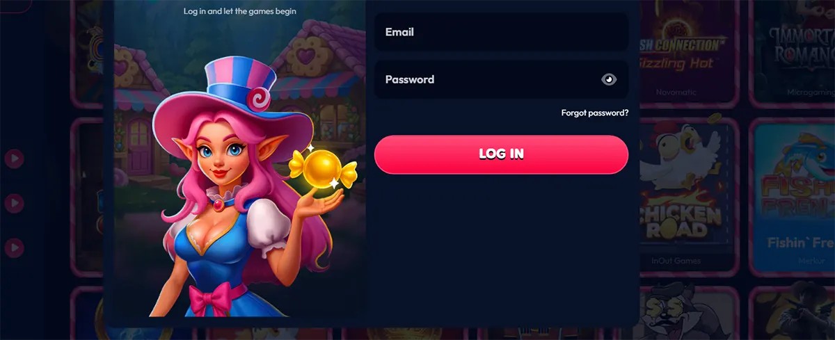 Online casino login screen with a pink-haired fantasy character beside email and password fields, a bright pink “Log In” button, and blurred slot game tiles in a dark neon background.