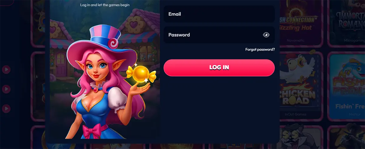 Online casino login screen with a pink-haired fantasy character beside email and password fields, a bright pink “Log In” button, and blurred slot game tiles in a dark neon background.